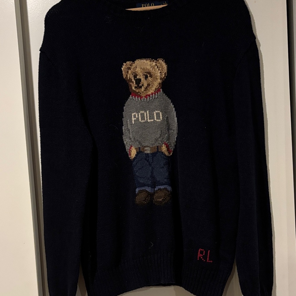 Polo by Ralph Lauren Men's Dark Blue Sweater with Bear Motif